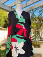 womans, hawaiian, asymmetrical, blouse, v neck, sleeveless, mod aloha black, Coradorables, modern aloha, aloha wear, resort wear, family matching, plumeria