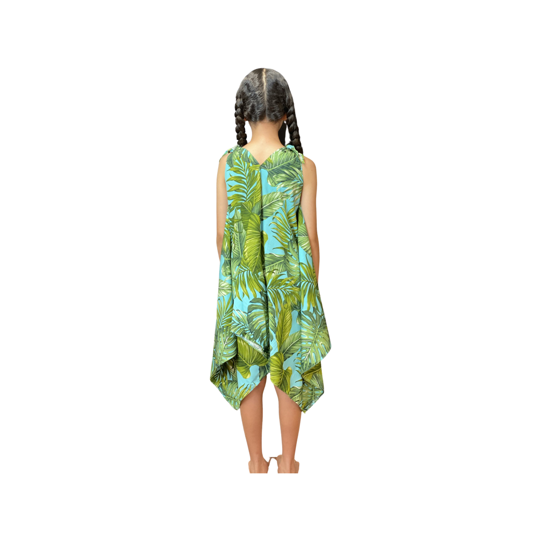 Coradorables GIRLS Monstera 21 Turquoise Handkerchief Dress