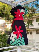 womans , hawaiian shirt, dress, fitted, mod aloha black, plumeria, monstera, Coradorables, modern aloha, aloha wear, resort wear, family matching