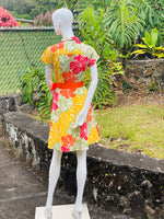 womans, hawaiian, shirt dress, fitted, groovy, hibiscus, yellow, orange, Coradorables, modern aloha, aloha wear, resort wear, family matching