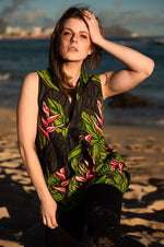 womens, hawaiian print, black ginger, asymmetrical, blouse, sleeveless, v-neck, Coradorables, modern aloha, aloha wear, resort wear, family matching