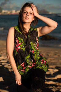 womens, hawaiian print, black ginger, asymmetrical, blouse, sleeveless, v-neck, Coradorables, modern aloha, aloha wear, resort wear, family matching