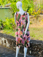 womans, hawaiian, handkerchief dress, plunging neckline, flown, birds of paradise, mauve, Coradorables, modern aloha, aloha wear, resort wear, family matching