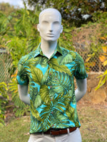 mens, hawaiian shirt, monstera, turquoise ,  green, rayon, fitted, Coradorables, aloha wear, resort wear, family matching