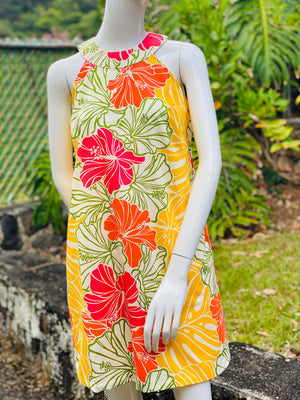 womans, hawaiian, dress, halter-neck, sheath, groovy, hibiscus, yellow, orange, Coradorables, modern aloha, aloha wear, resort wear, family matching