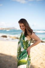 womens, hawaiian, dress, halterneck, sheath, monstera, ivory, Coradorables, modern aloha, aloha wear, resort wear, family matching