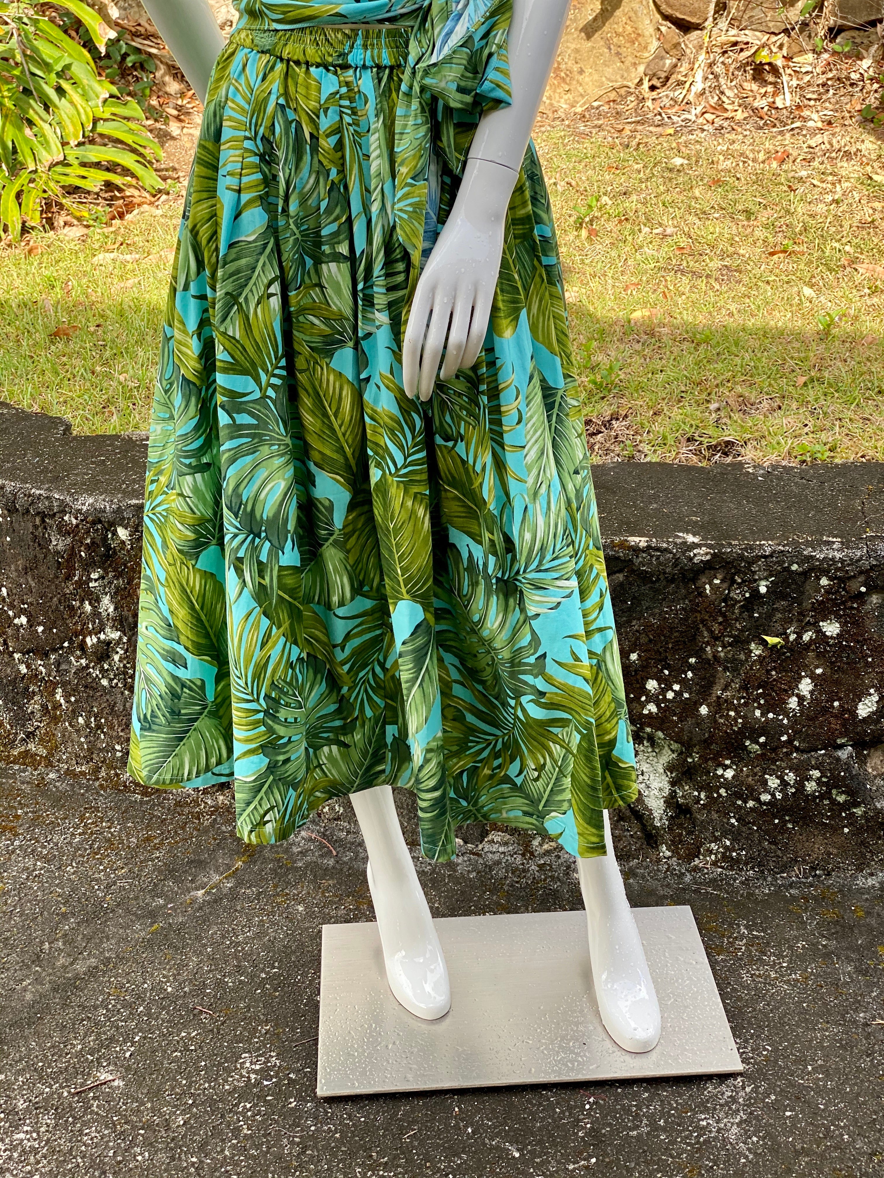 Cora Spearman Hawaii WOMENS Monstera 21 Turquoise Pleated Maxi Skirt