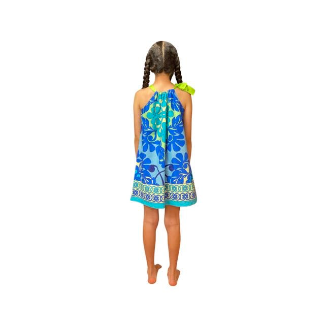 girls, hawaiian print, ribbon dress, tie at shoulder, ocean blue, hawaiian quilt, aloha wear, resort wear, Coradorables, family matching