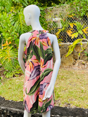 womans, hawaiian, dress, halterneck, sheath, birds of paradise, mauve, Coradorables, modern aloha, aloha wear, resort wear, family matching