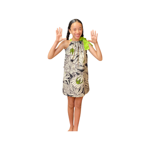 girls ribbon dress, ties at shoulder, hawaiian print, protea black, , tropical , Coradorables, Aloha wear, resort wear, family matching