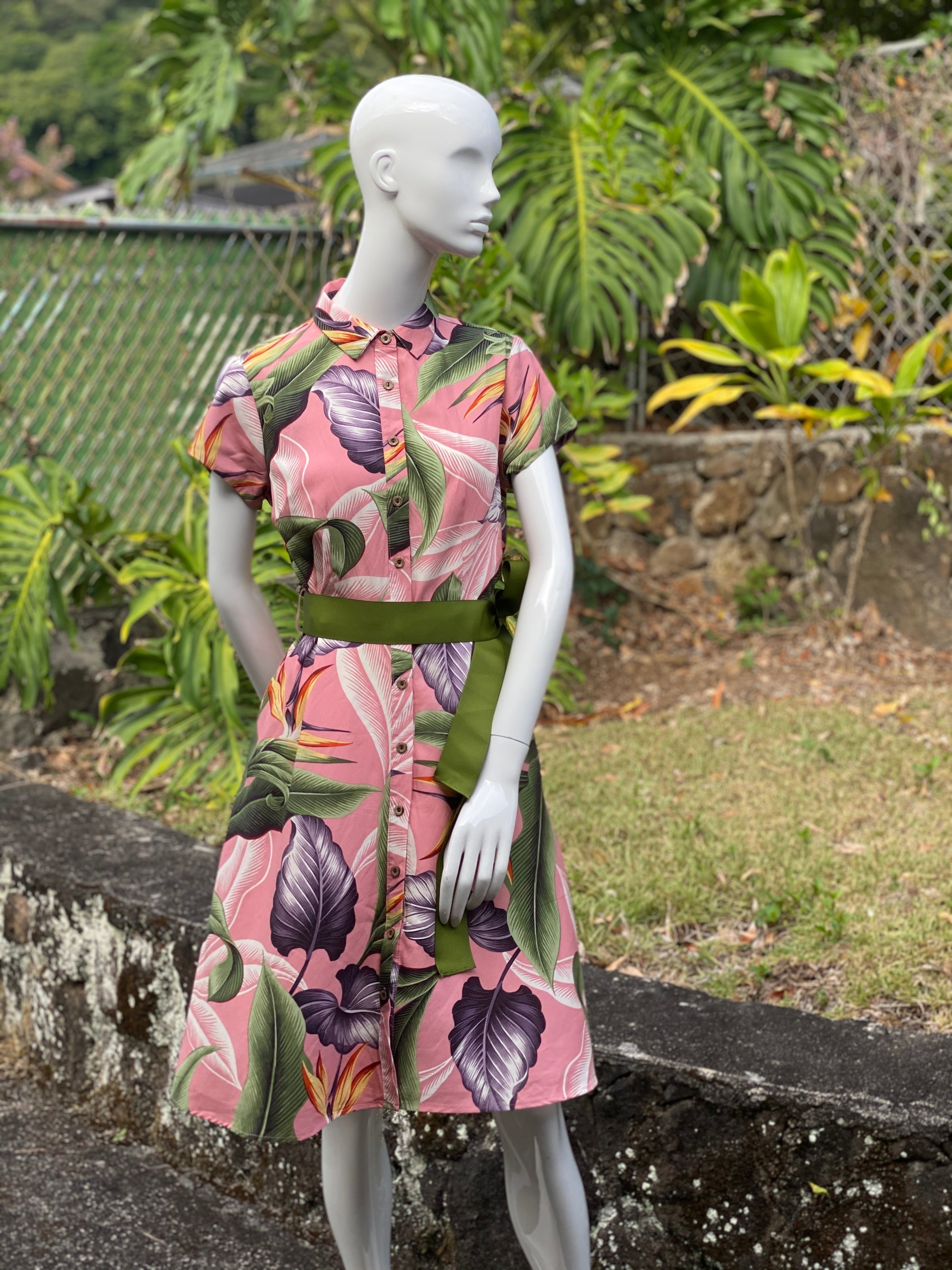 womans, hawaiian, shirt dress, fitted, birds of paradise, mauve, gross grain belt,  Coradorables, modern aloha, aloha wear, resort wear, family matching