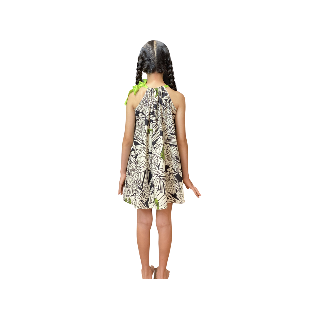 girls ribbon dress, ties at shoulder, hawaiian print, protea black, , tropical , Coradorables, Aloha wear, resort wear, family matching