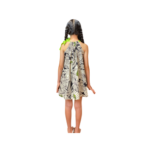 girls ribbon dress, ties at shoulder, hawaiian print, protea black, , tropical , Coradorables, Aloha wear, resort wear, family matching