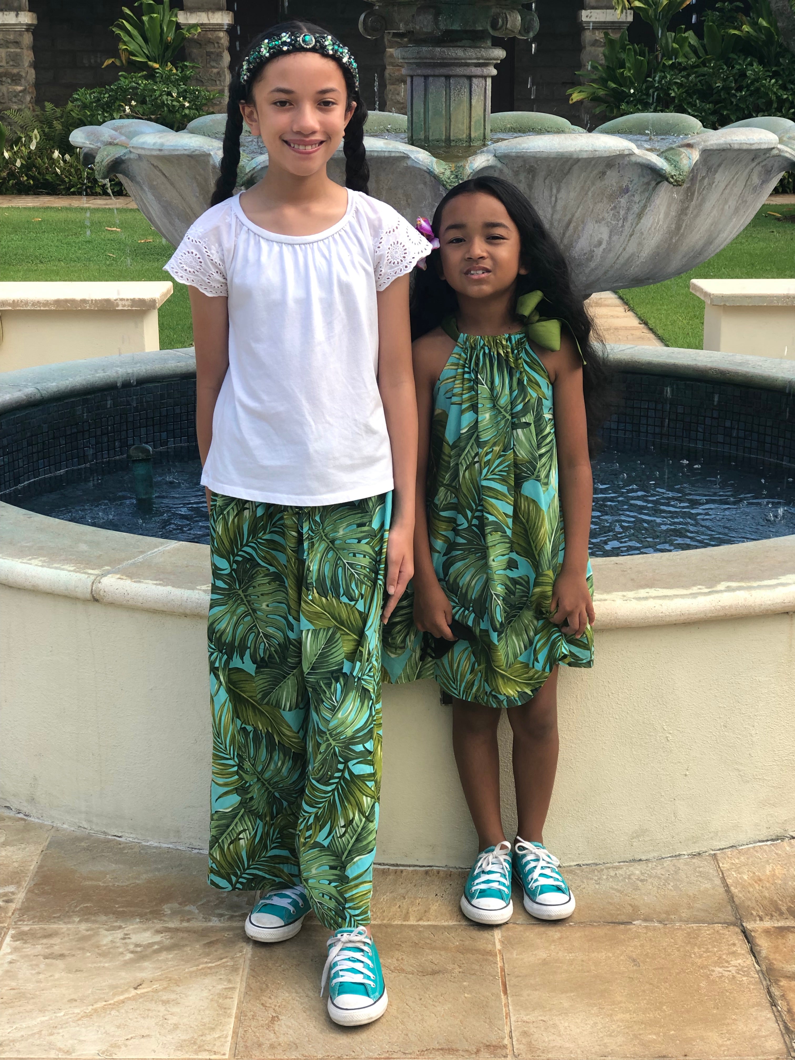 Girls, Hawaiian, Monstera, Turquoise, Rayon, Cotton, Wide Legged, Pant, Flowy, Coradorables, Family matching, aloha wear, resort wear