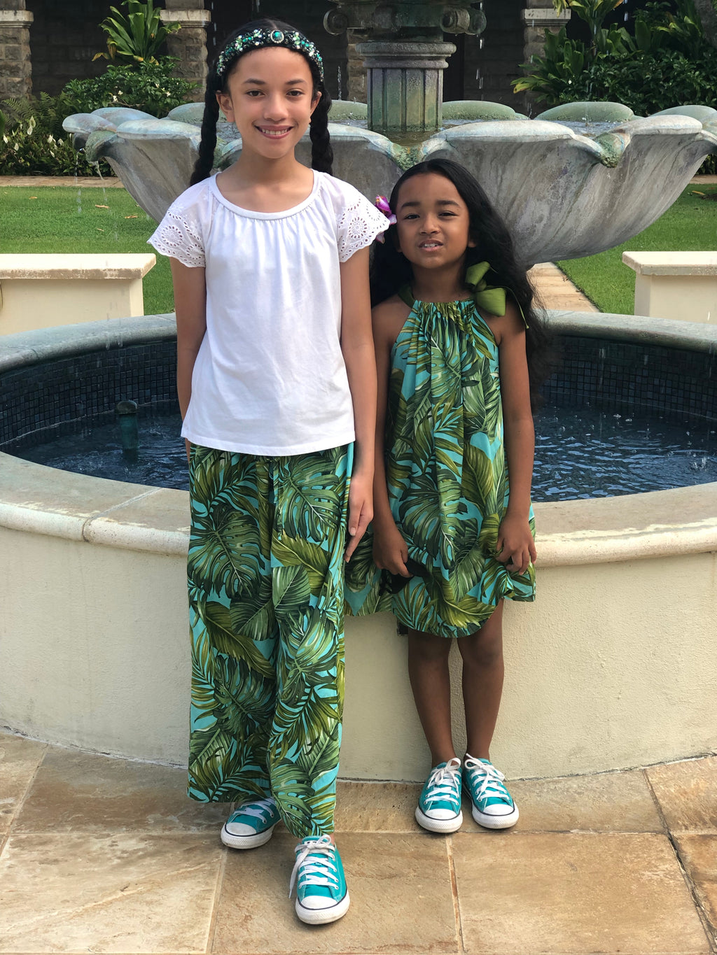 Girls, Hawaiian, Monstera, Turquoise, Rayon, Cotton, Wide Legged, Pant, Flowy, Coradorables, Family matching, aloha wear, resort wear