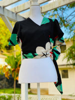 womans , hawaiian,wrap top, flutter sleeve, mod aloha black, plumeria, monstera, Coradorables, modern aloha, aloha wear, resort wear, family matching