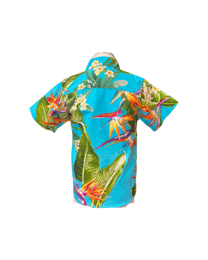 boys hawaiian shirt, birds of paradise, turquoise, poly cotton, slim cut fit, size up recommended, aloha shirt, unisex, Coradorables, aloha wear, resort wear, family matching  