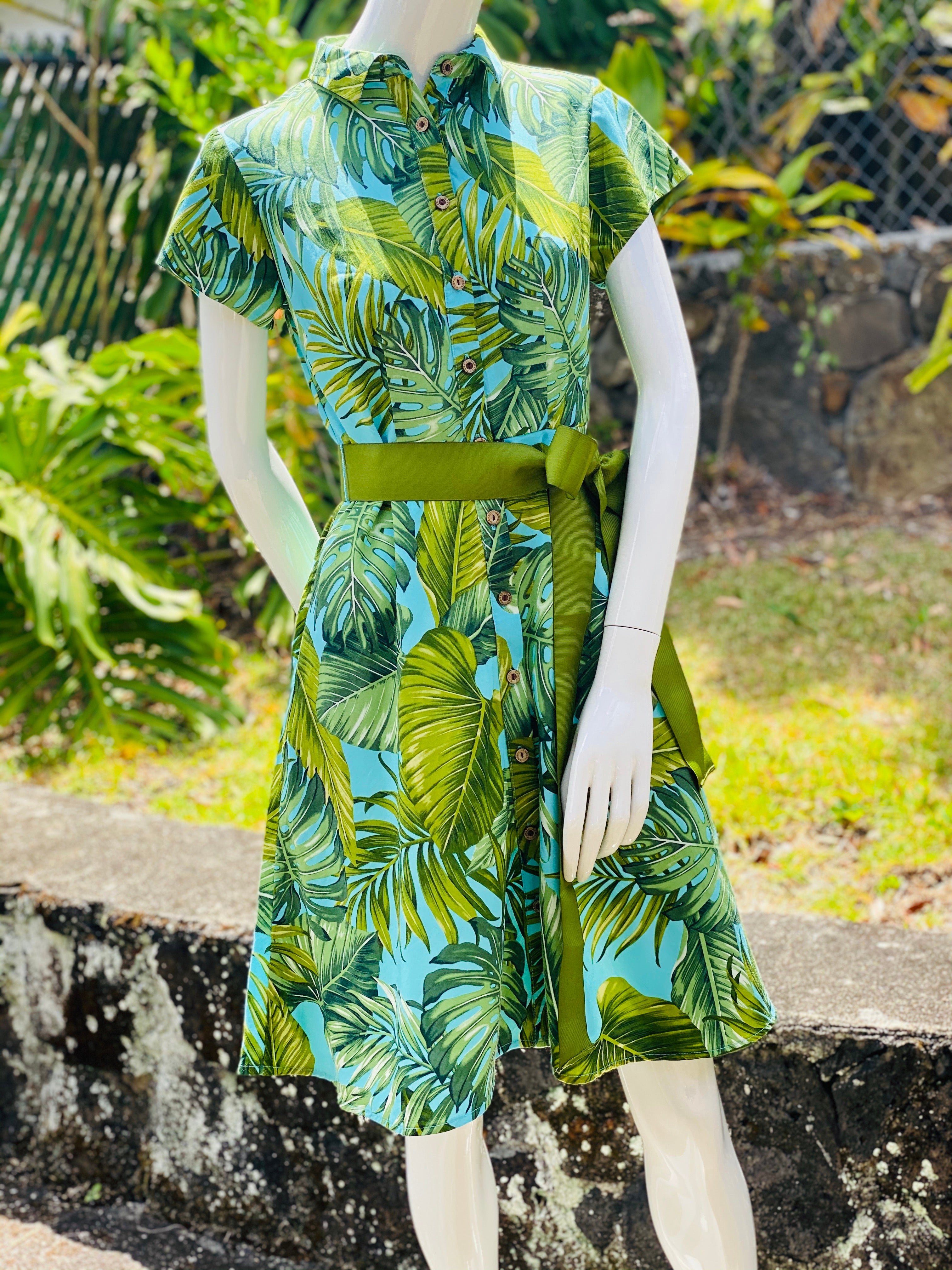 womens, hawaiian shirt, dress, monstera, turquoise ,  green, rayon, fitted, Coradorables, aloha wear, resort wear, family matching