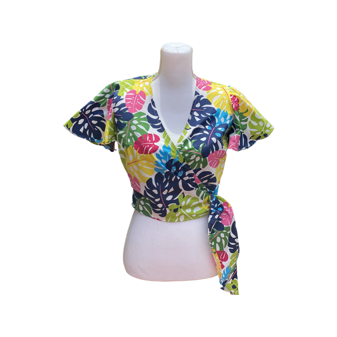 womans, hawaiian, wrap top, flutter sleeve, monstera, rainbow , aloha wear, resort wear, Coradorables, family matching