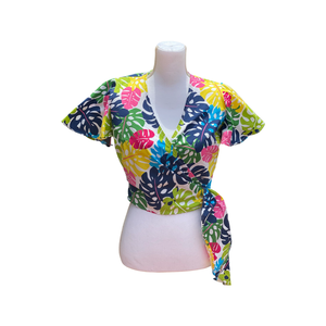 womans, hawaiian, wrap top, flutter sleeve, monstera, rainbow , aloha wear, resort wear, Coradorables, family matching