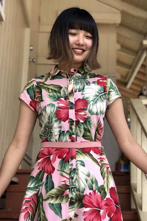 womens hawaiian shirt dress, royal hawaiian, pink, flared skirt, slim fit, size up recommended, short sleeves, Coradorables, aloha shirt, aloha wear, resort wear, family matching