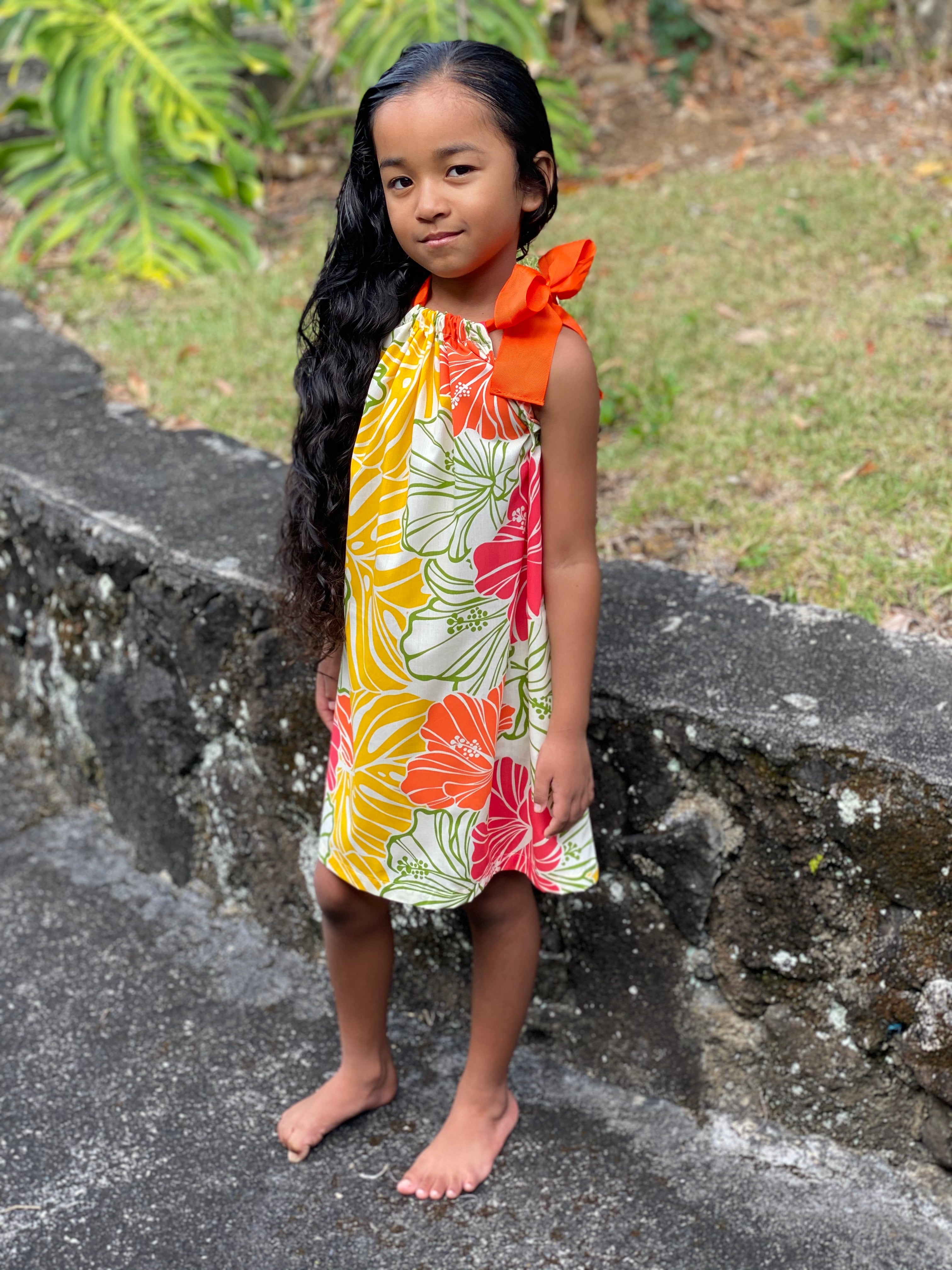 Girls, hawaiian, dress, ribbon ties, groovy, hibiscus, yellow, orange, Coradorables, modern aloha, aloha wear, resort wear, family matching, #ZoeDot, model, #BellenZoe, #thosedangchangs, Sacred Hearts Academy, student