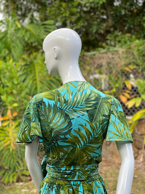 Cora Spearman Hawaii WOMENS Monstera 21 Turquoise Wrap Top