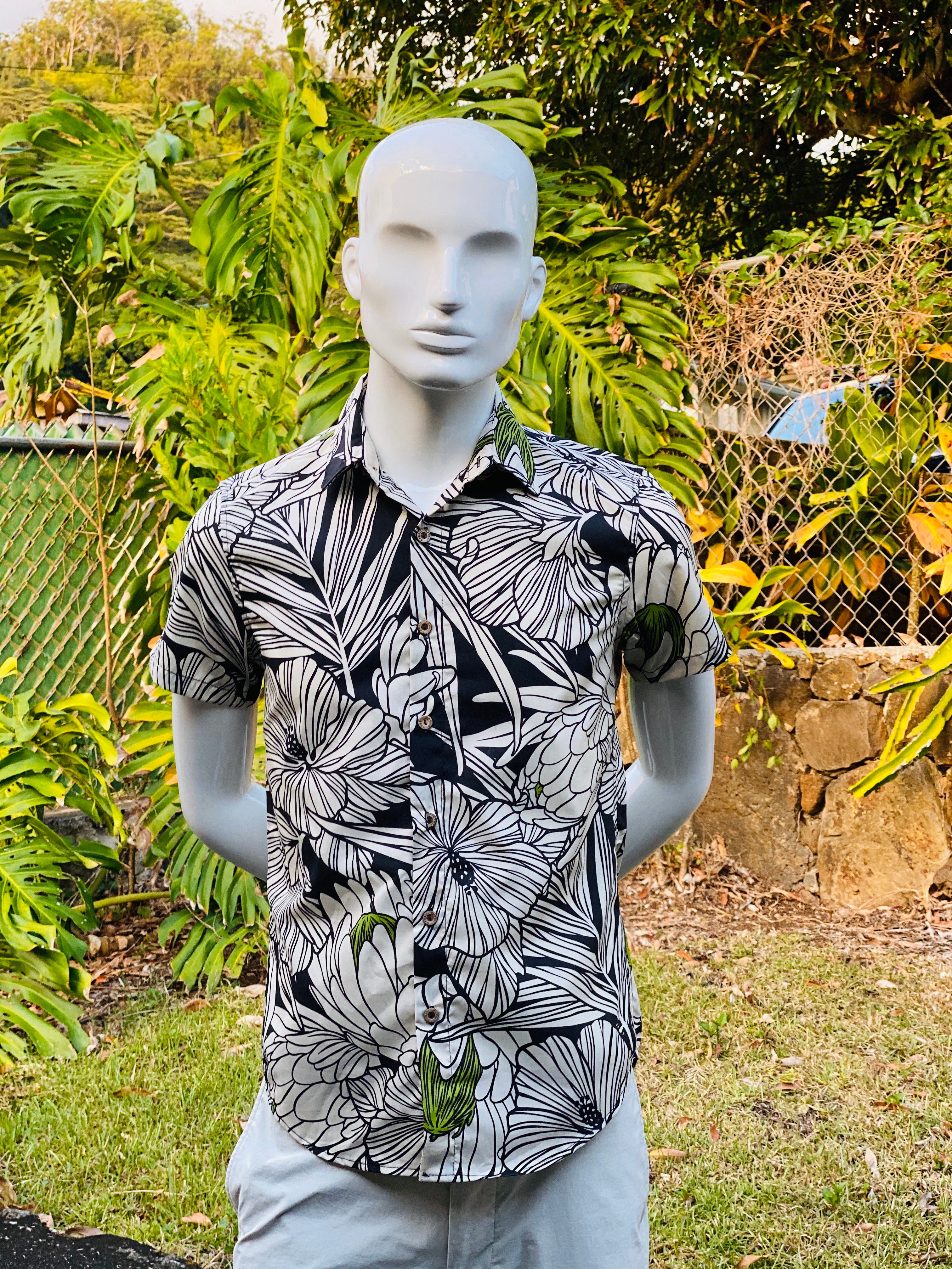 mens, hawaiian, shirt , protea, black, slim fit, Coradorables, modern aloha, aloha wear, resort wear, family matching