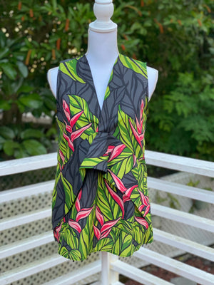 womens, hawaiian print, black ginger, asymmetrical, blouse, sleeveless, v-neck, Coradorables, modern aloha, aloha wear, resort wear, family matching