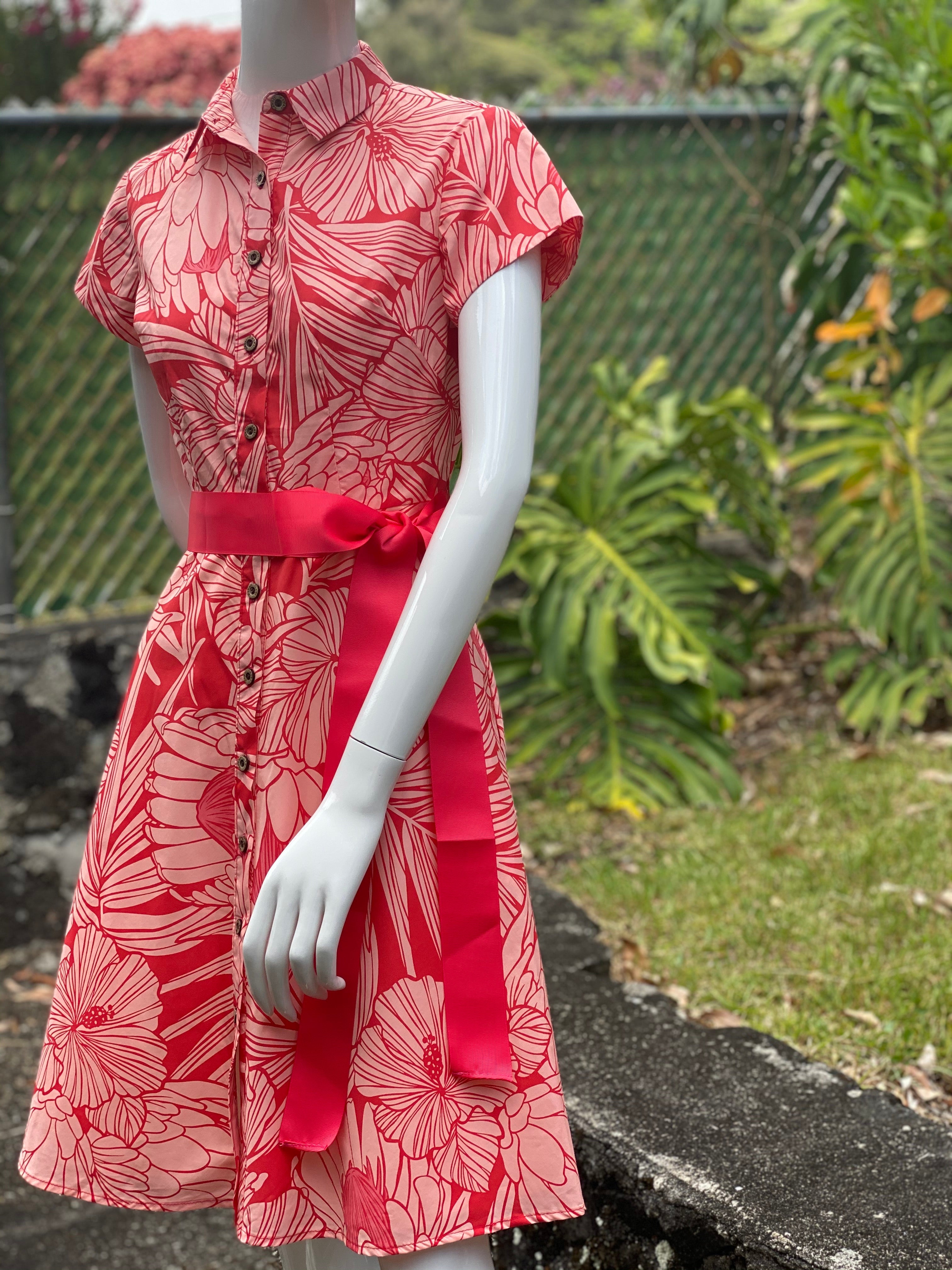 womans, hawaiian shirt, dress, protea, watermelon, fitted, Coradorables, modern aloha, aloha wear, resort wear, family matching