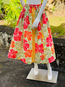 Womans, hawaiian, print, maxi skirt, groovy, hibiscus, yellow, orange, Coradorables, modern aloha, aloha wear, resort wear, family matching