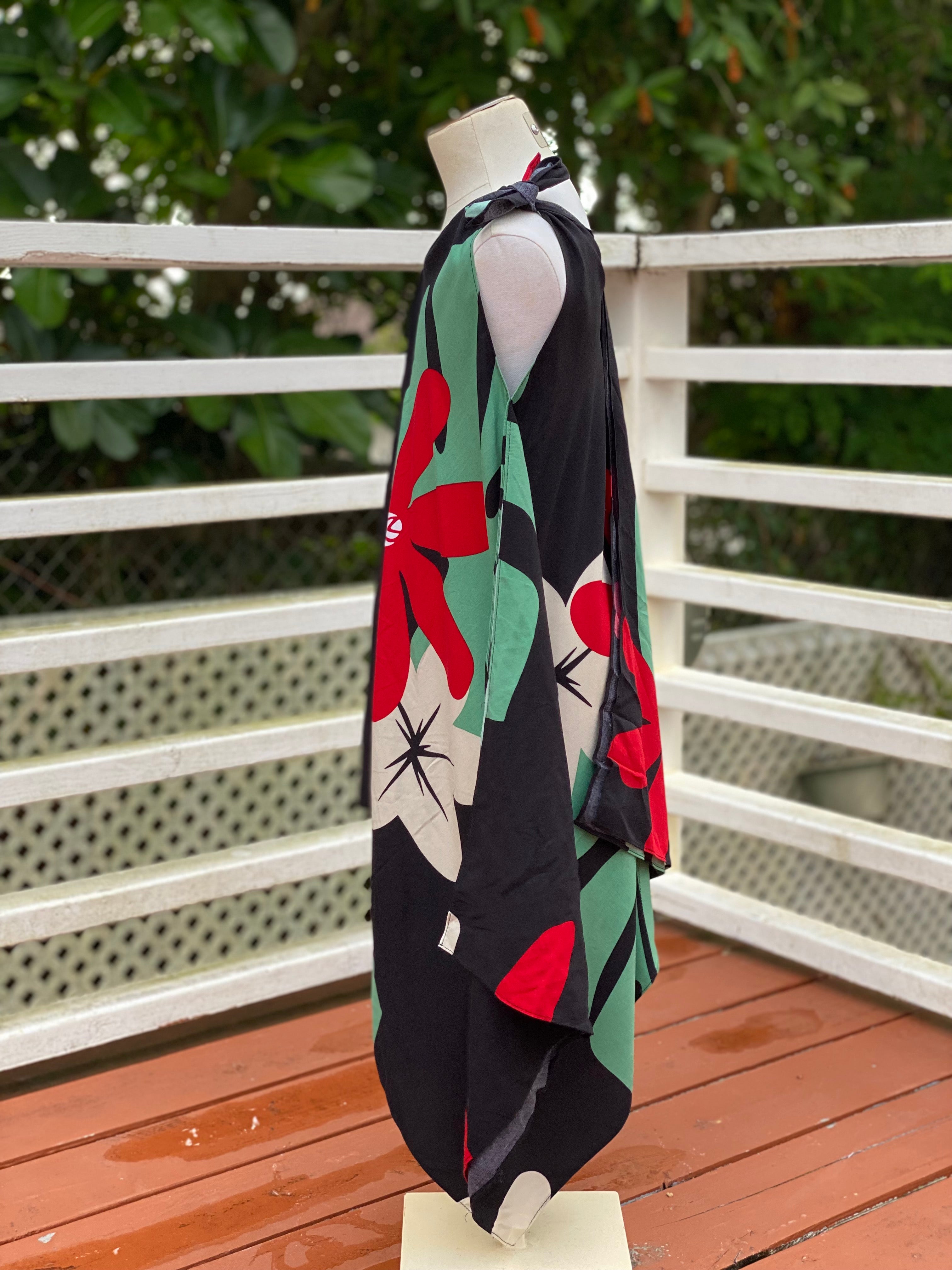 girls, hawaiian, handkerchief, dress, v-neck, flowing, mod aloha black, plumeria, monstera, Coradorables, modern aloha, aloha wear, resort wear, family matching