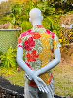 mens, hawaiian, shirt, groovy, hibiscus, yellow, orange, Coradorables, modern aloha, aloha wear, resort wear, family matching