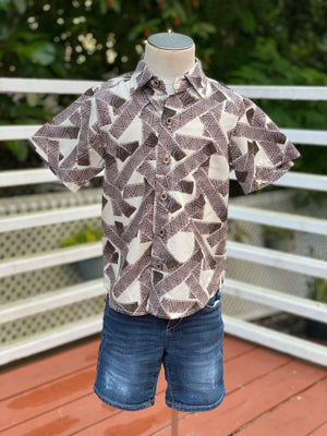 boys hawaiian shirt, tribal, brown, rayon cotton, slim cut fit, size up recommended, aloha shirt, unisex, Coradorables, aloha wear, resort wear, family matching