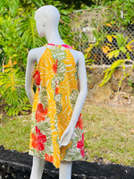 womans, hawaiian, dress, halter-neck, sheath, groovy, hibiscus, yellow, orange, Coradorables, modern aloha, aloha wear, resort wear, family matching