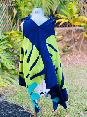 girls, hawaiian, handkerchief, dress, v-neck, flowing, mod aloha navy, plumeria, monstera, Coradorables, modern aloha, aloha wear, resort wear, family matching