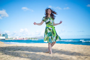 womens, hawaiian, shirt dress, fitted, monstera ivory, green, gross grain belt, Coradorables, modern aloha, aloha wear, resort wear, family matching