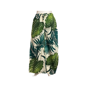 womens, wide leg pant, monstera, green, white,  draw string tie, cotton,  resort wear, aloha wear, family matching