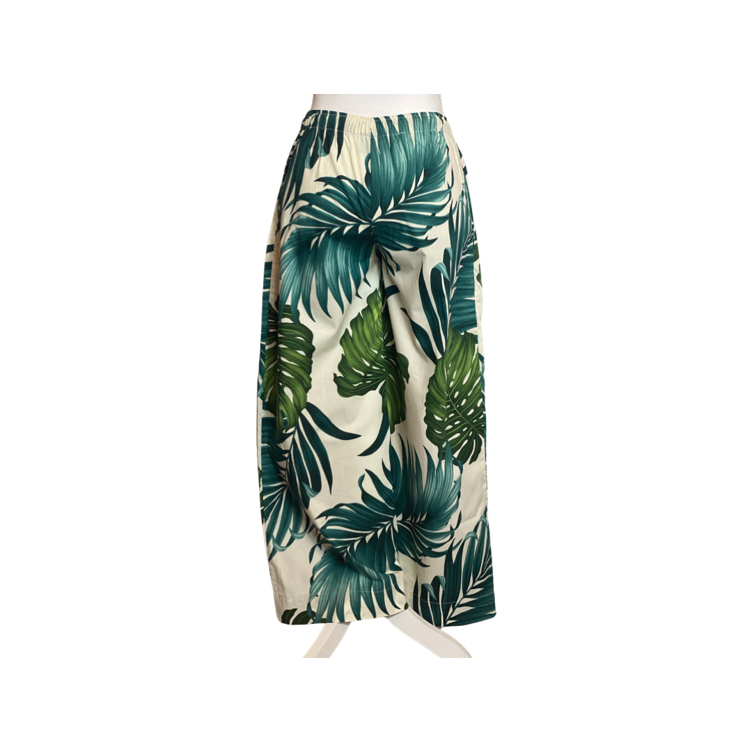 womens, wide leg pant, monstera, green, white,  draw string tie, cotton,  resort wear, aloha wear, family matching