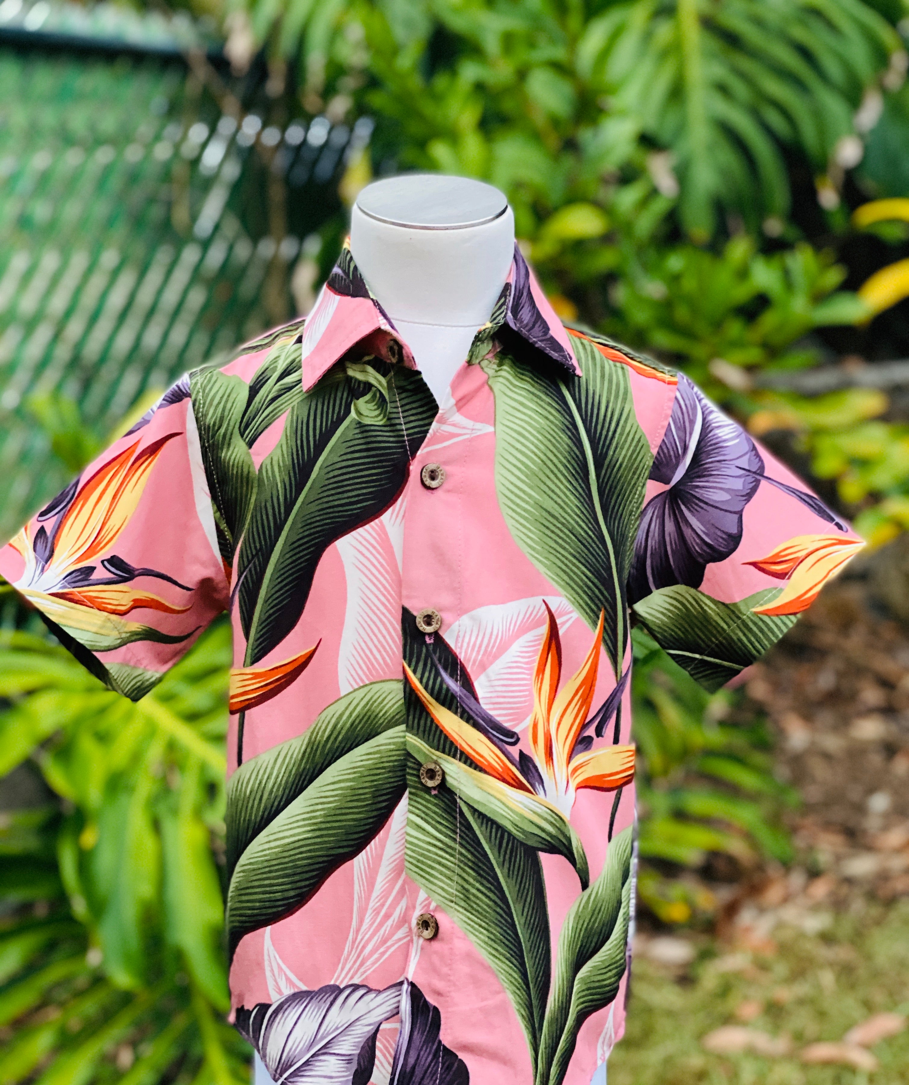 boys, kids, hawaiian shirt, birds of paradise, mauve, short sleeve, slim fit, gender neutral, Coradorables, modern aloha, aloha wear, resort wear, family matching