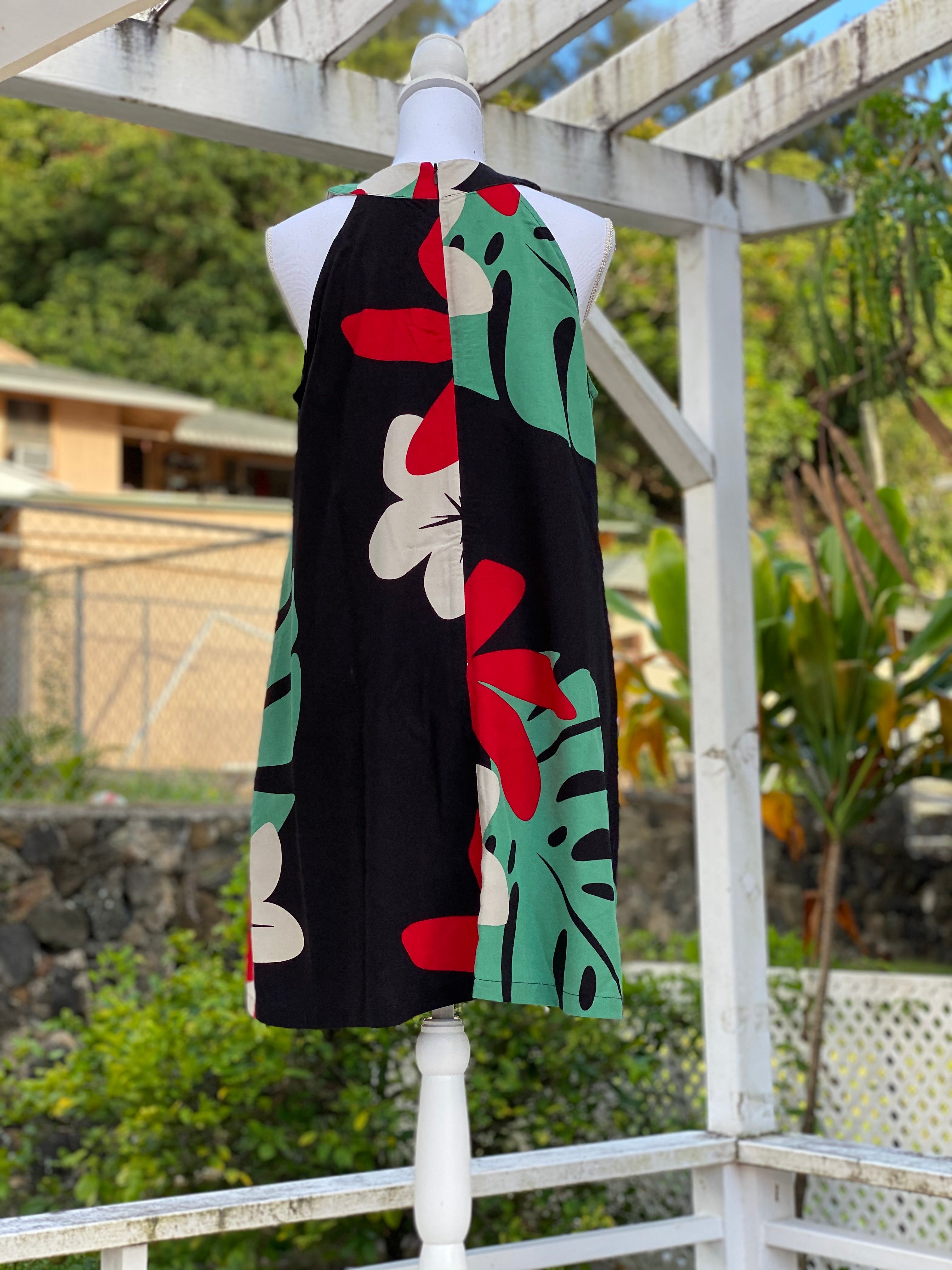 womans, hawaiian, halter-neck, dress, mod aloha black, rayon, plumeria, monstera, Coradorables, modern aloha, aloha wear, resort wear, family matching