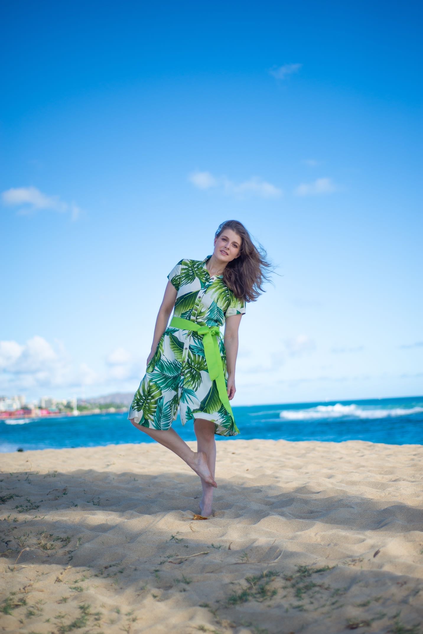 womens, hawaiian, shirt dress, fitted, monstera ivory, green, gross grain belt, Coradorables, modern aloha, aloha wear, resort wear, family matching