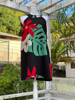 womans, hawaiian, halter-neck, dress, mod aloha black, rayon, plumeria, monstera, Coradorables, modern aloha, aloha wear, resort wear, family matching