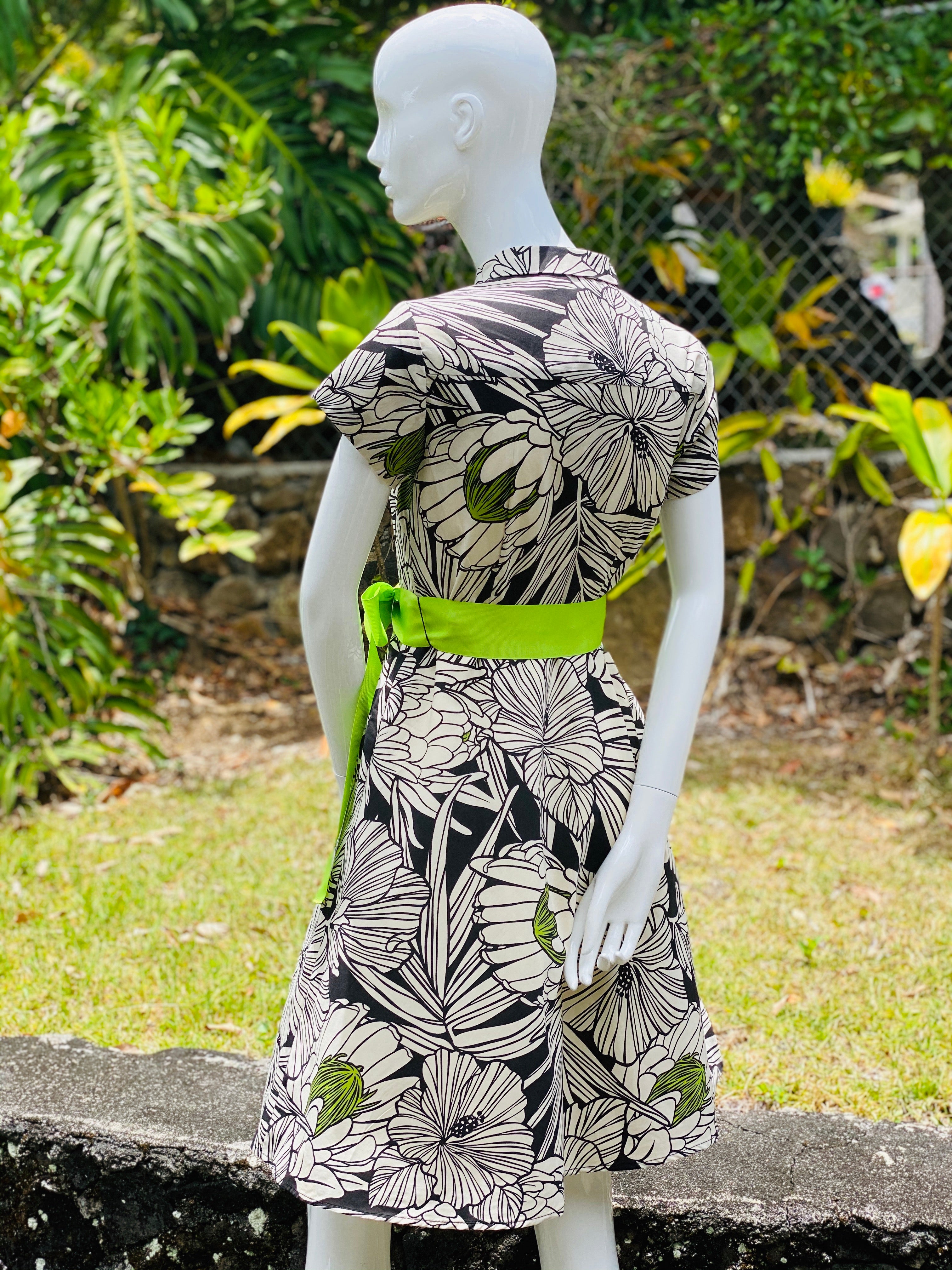 womans, hawaiian shirt, dress, protea, black, fitted, Coradorables, modern aloha, aloha wear, resort wear, family matching