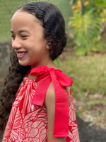 Girls, hawaiian, ribbon dress, protea. watermelon ,ties at shoulder, Coradorables, modern aloha, aloha wear, resort wear, family matching