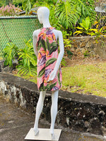 womans, hawaiian, dress, halterneck, sheath, birds of paradise, mauve, Coradorables, modern aloha, aloha wear, resort wear, family matching