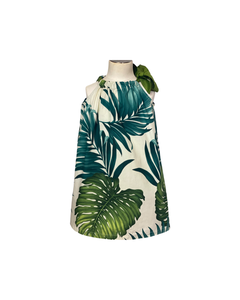 girls, hawaiian, ribbon dress, tie at the shoulder, monstera, green, white, resort wear, aloha wear, Coradorables, family matching