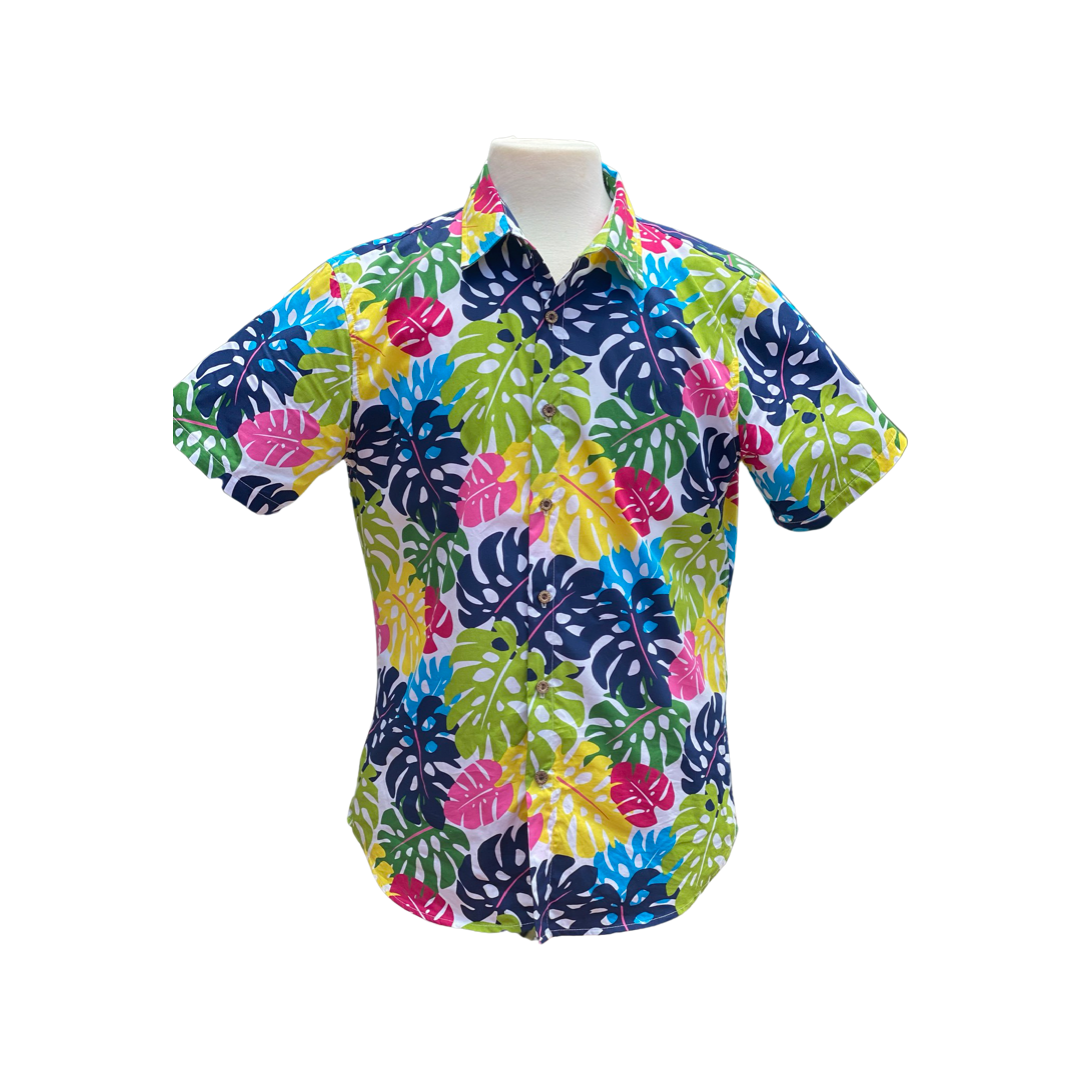 mens, hawaiian shirt, monstera, rainbow,  cotton, fitted, Coradorables, aloha wear, resort wear, family matching 