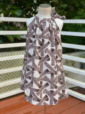 girls, hawaiian, ribbon dress, shoulder tie, tribal, brown, cotton rayon, Coradorables, modern aloha, aloha wear, resort wear, family matching