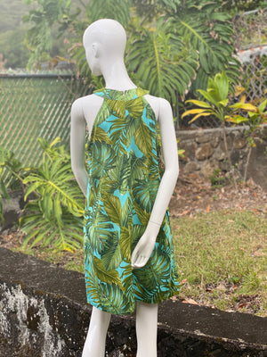 Cora Spearman Hawaii WOMENS Monstera 21 Turquoise Halter Neck Sheath Dress